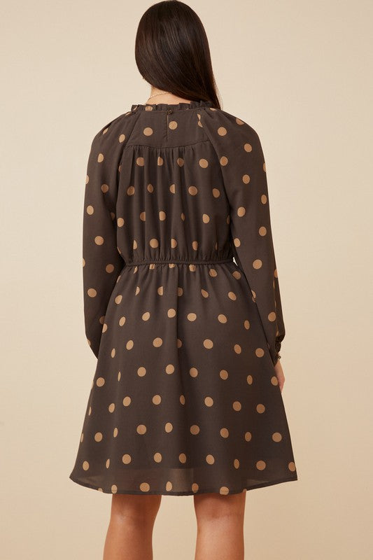 Womens Gathered Neck Long Sleeve Polka Dot Dress
