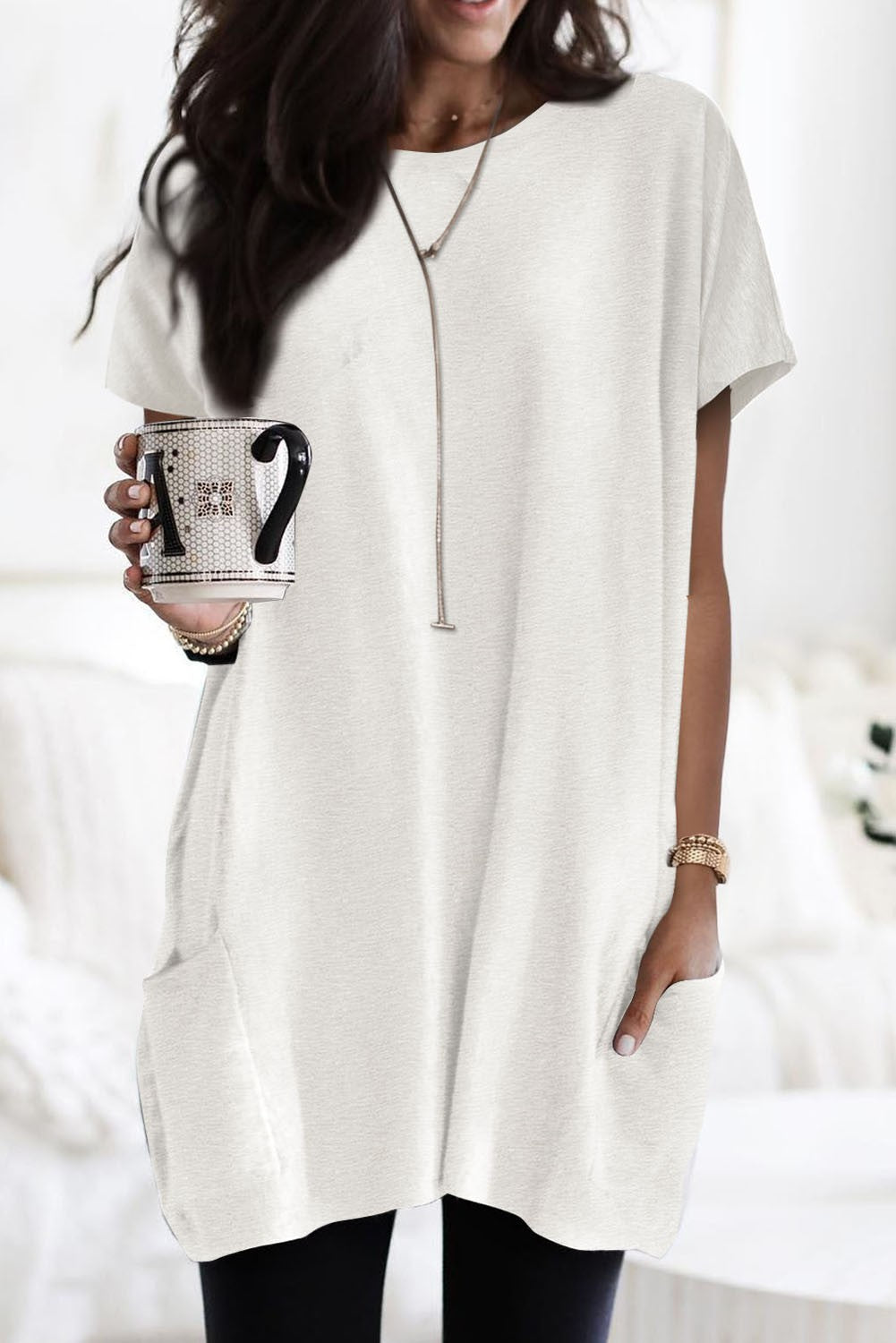 Basic Shift Short Sleeve Blouse With Pocket | White