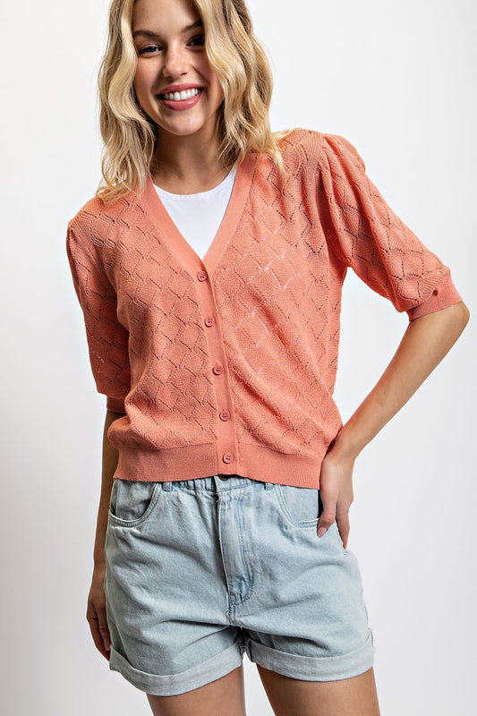 Pointelle-Knitted Button Front Cardigan