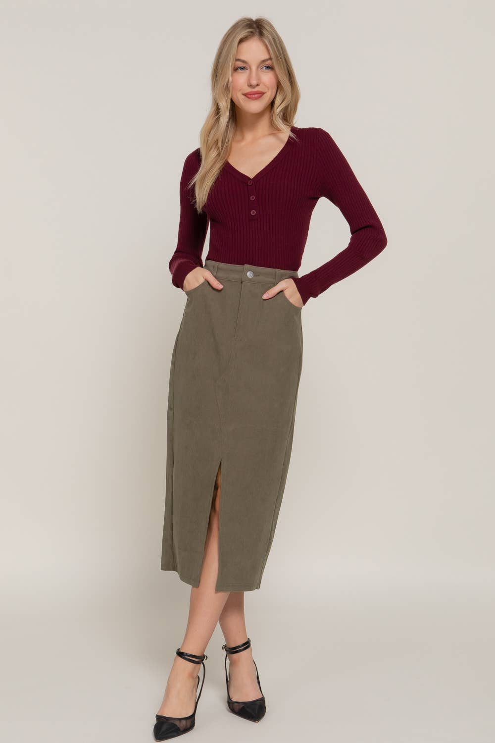Slit Corduroy Midi Skirt | Olive