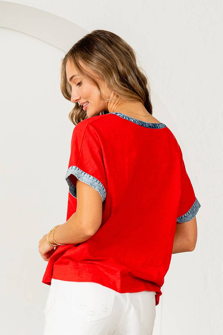 Relaxed Fit Denim Trim Top