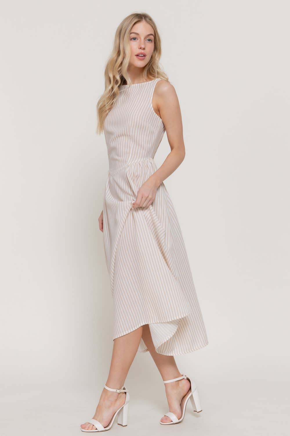 Stripe Print Linen Effect Dress | Beige
