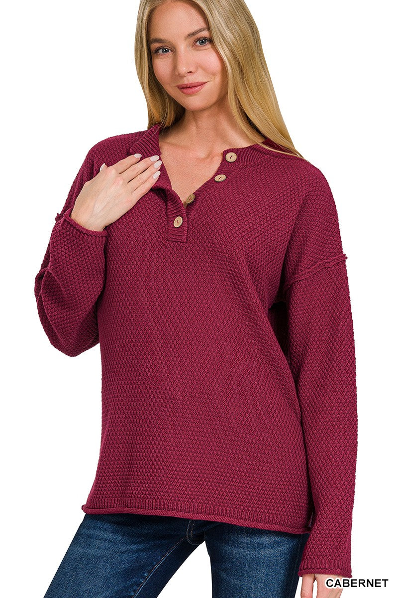 4-Button Henley Sweater | Cabernet