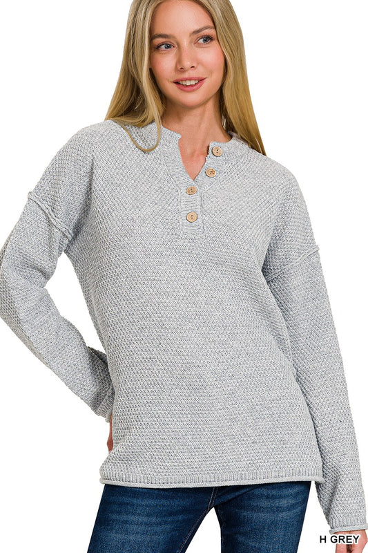 4-Button Henley Sweater | Heather Gray
