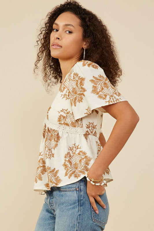 Textured Print Lace Detailed Top