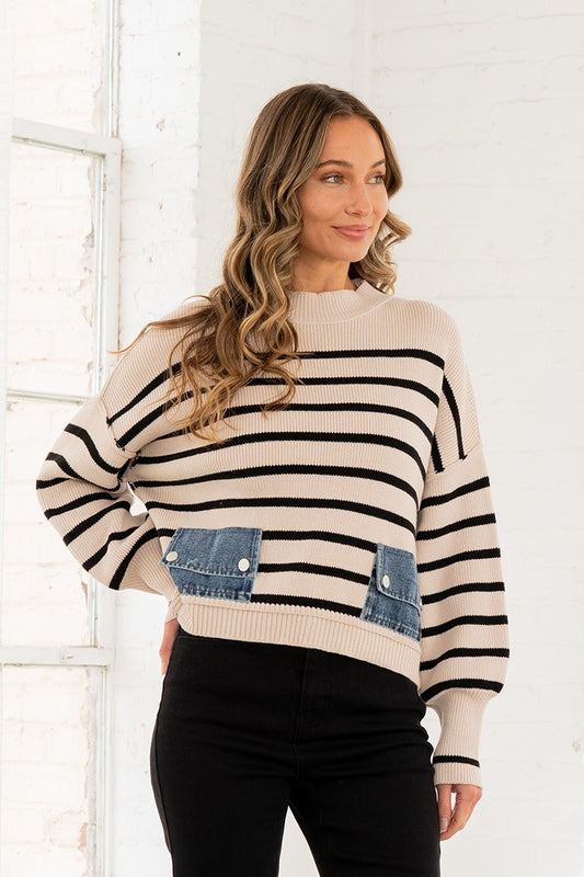 Denim Detail Striped Sweater