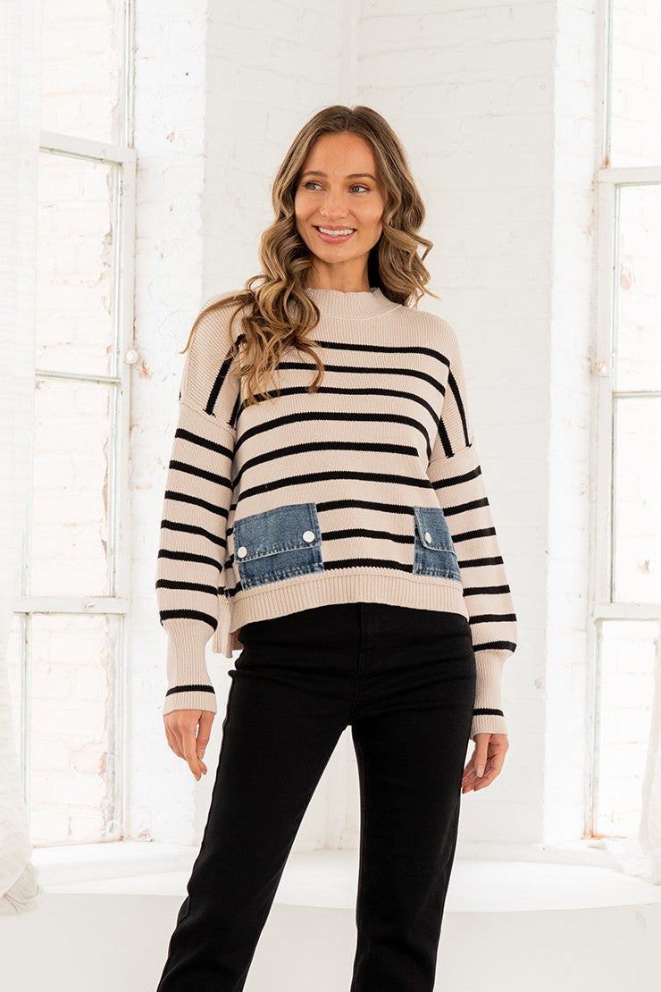 Denim Detail Striped Sweater