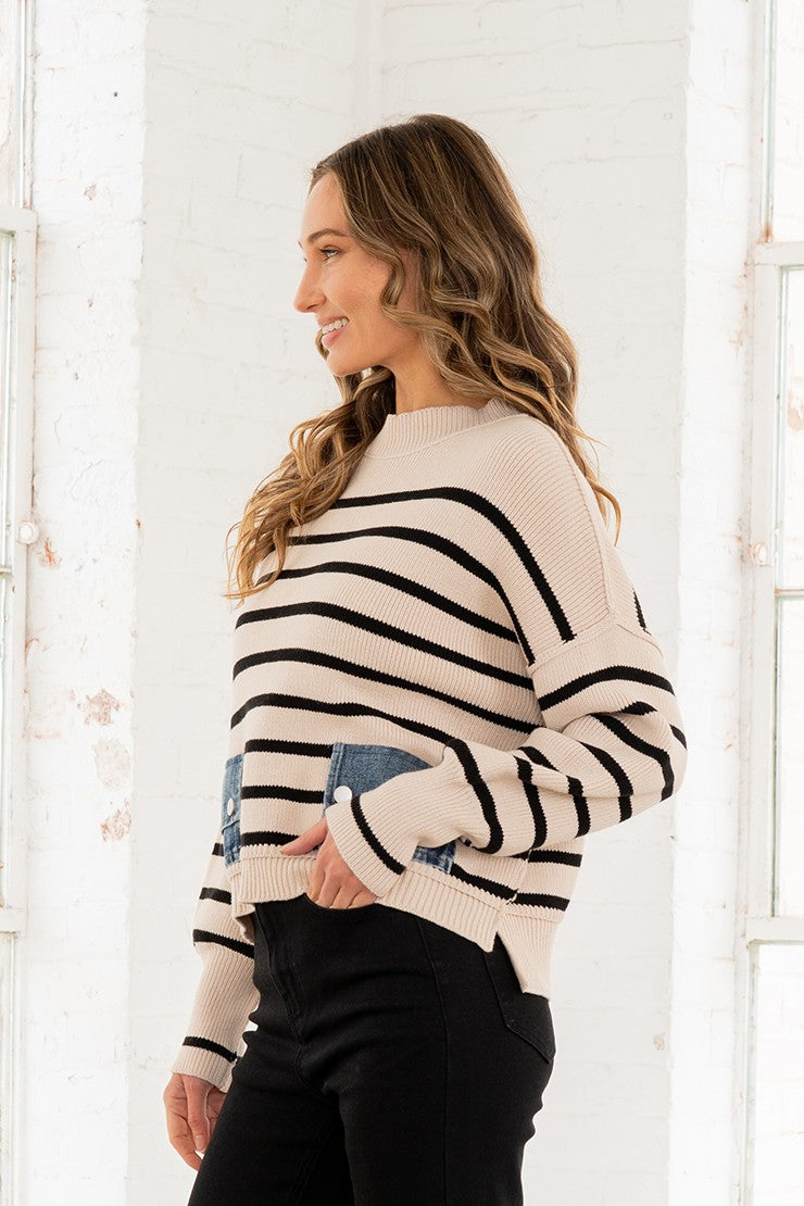 Denim Detail Striped Sweater