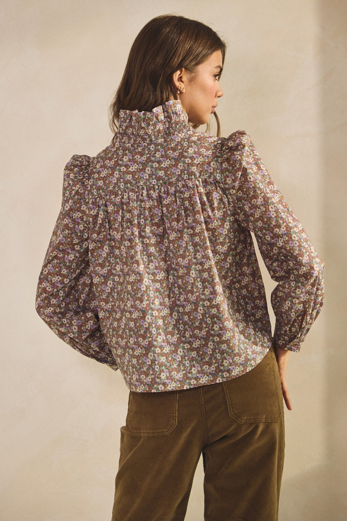 Ruffled Neck Floral Button Down Blouse