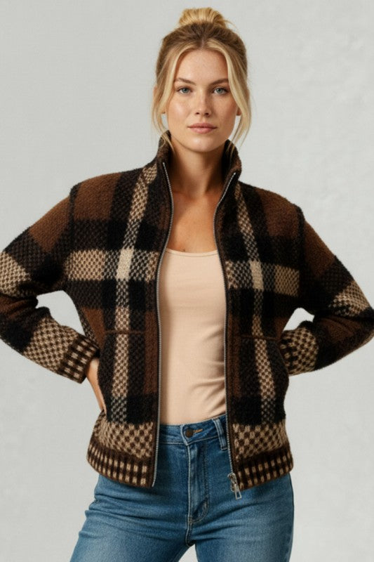 Zipper Plaid Sweater Cardigan