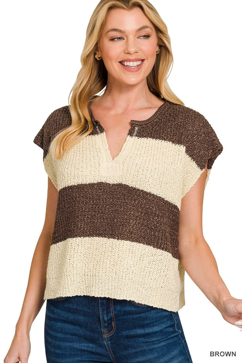 Split Neck Sleeveless Striped Sweater