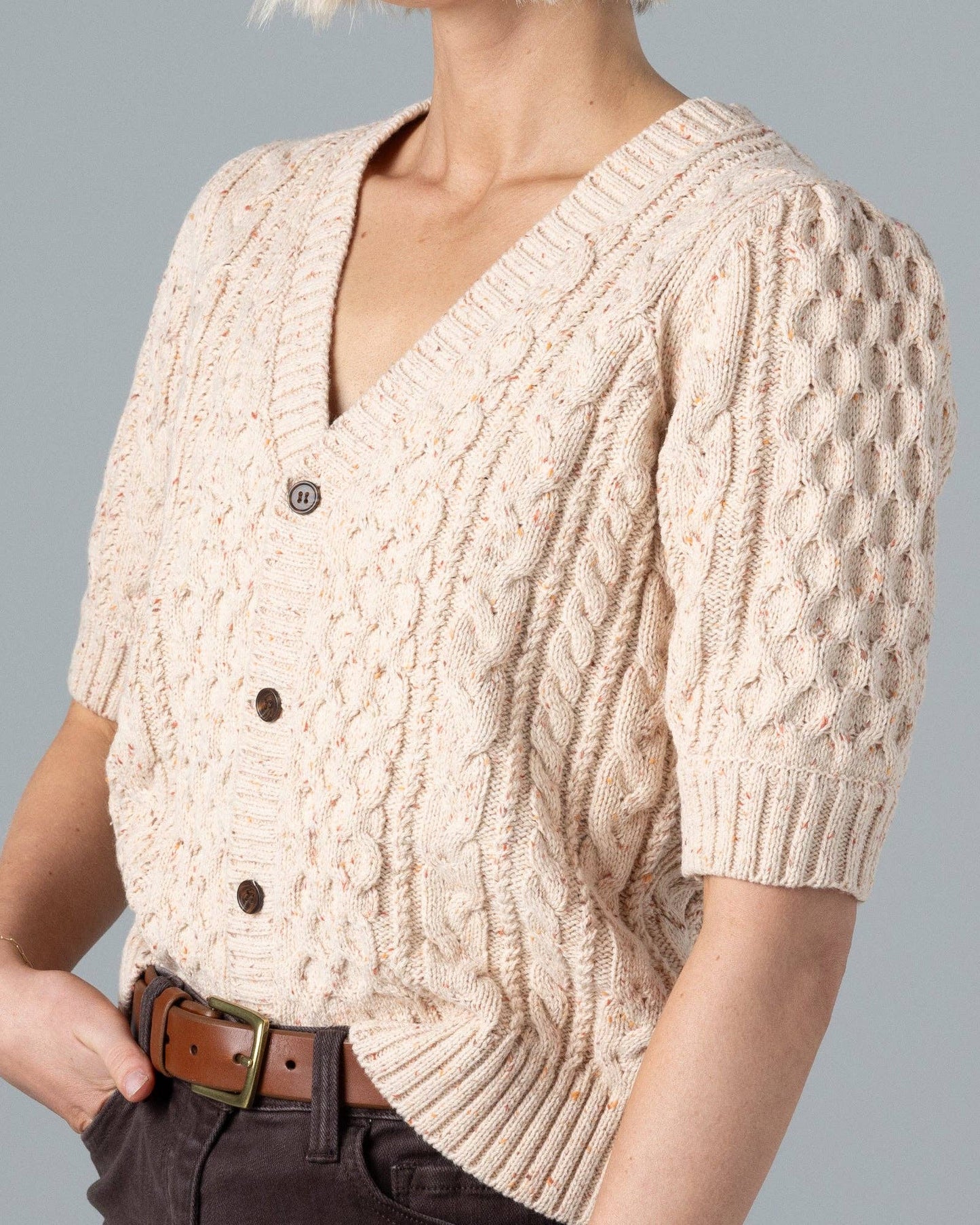 Tan Speckled Short Sleeve Cardigan Sweater