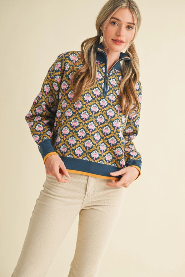 Floral Mock Neck Half Zip