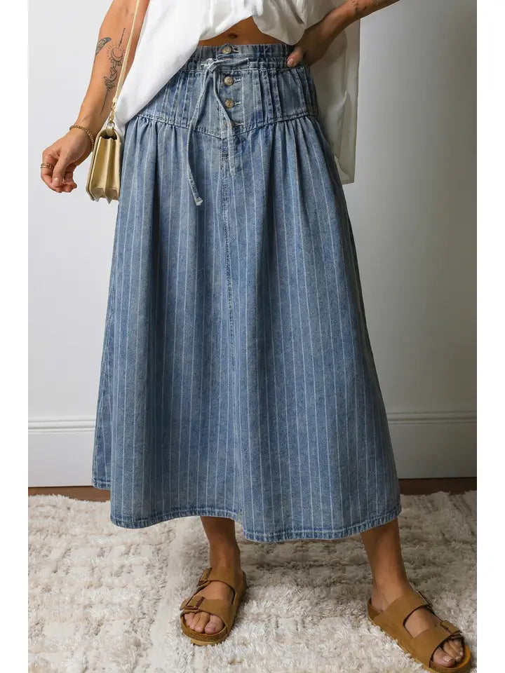 Stripe Button Drawstring Denim Midi Skirt