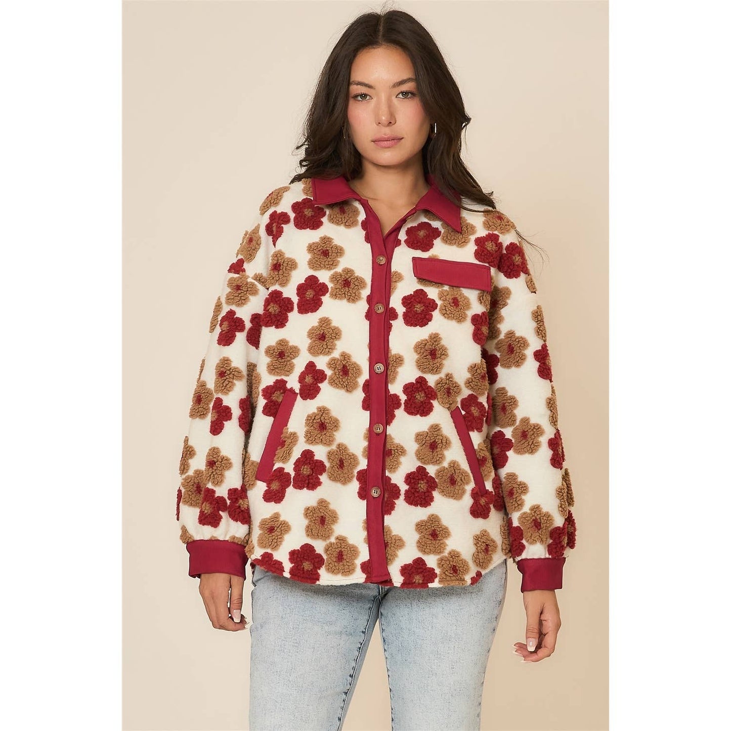 Floral High Pile Fleece Burnout Jacket