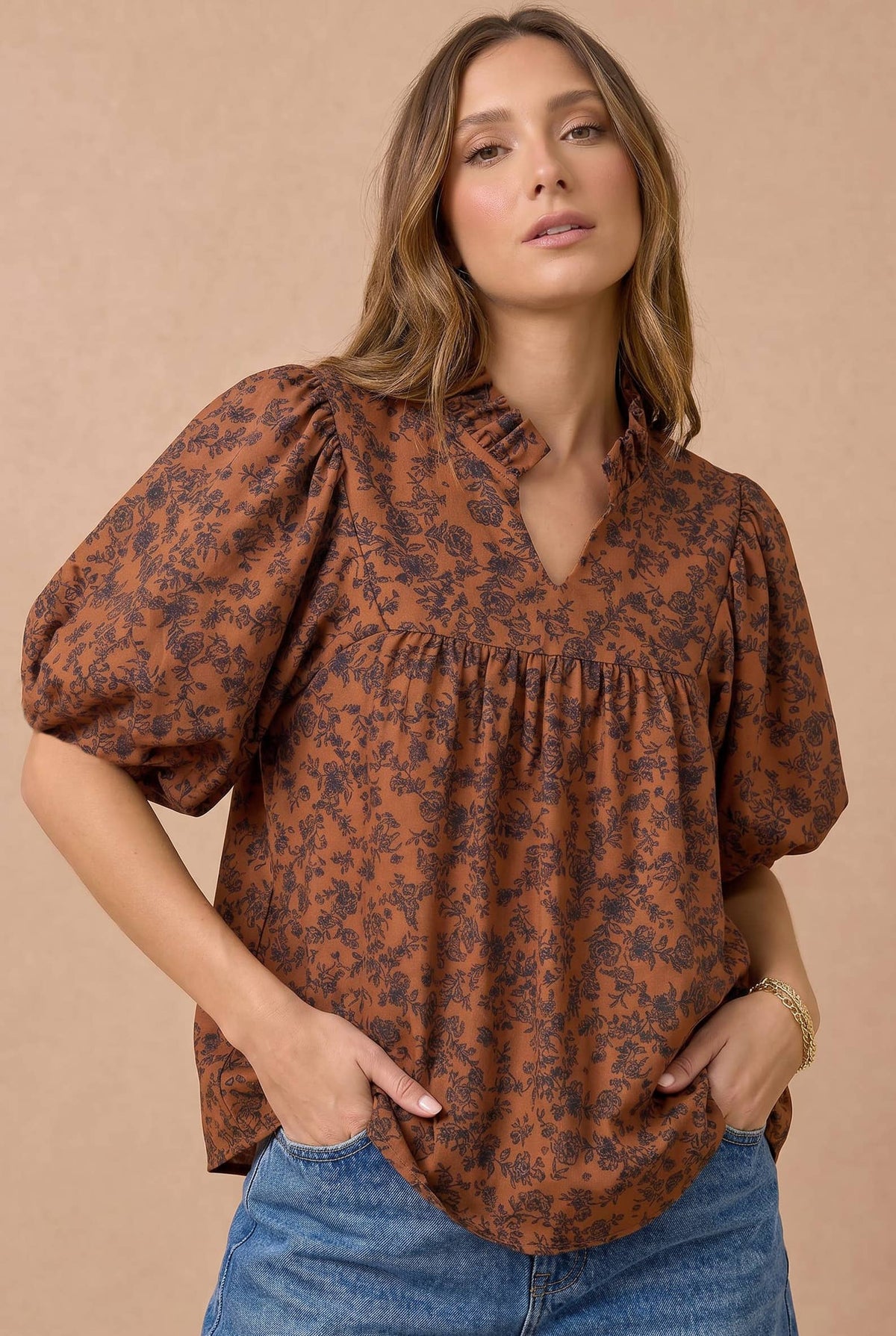Floral Ruffle Notch Neck Blouse