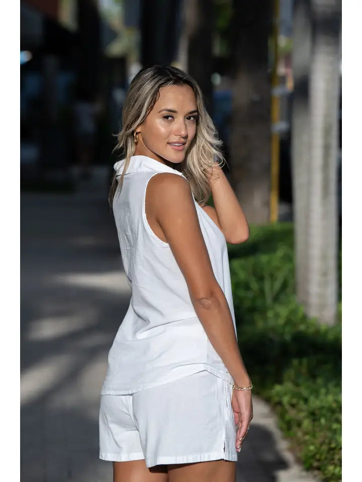 Sleeveless High-Low Button Up Cotton Top
