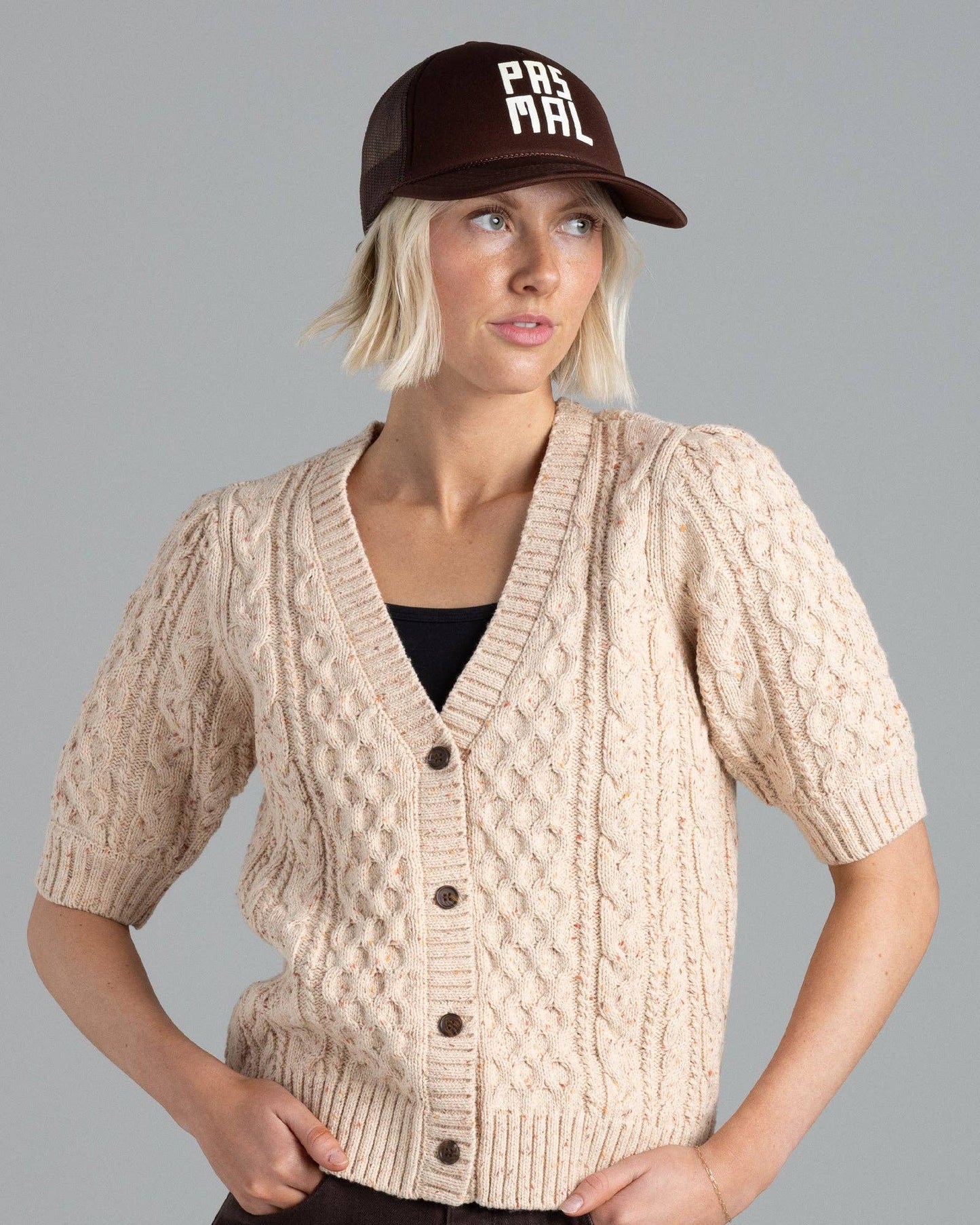 Tan Speckled Short Sleeve Cardigan Sweater