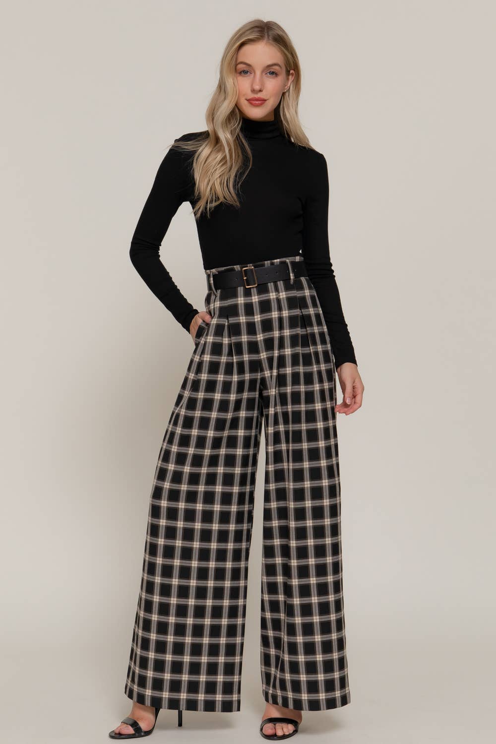 Belted Plaid Woven Wide Pants