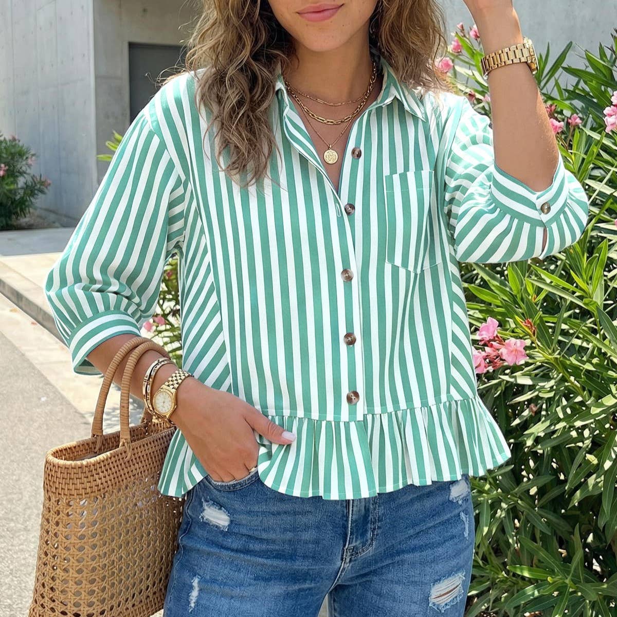 Striped Button Down Ruffle Hem