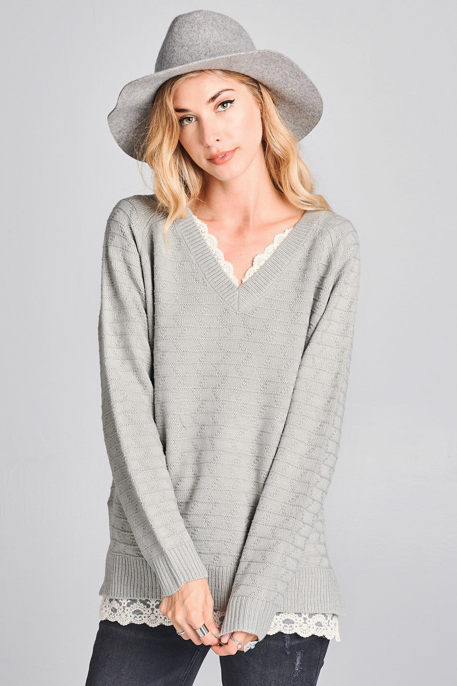 Layered-Look Pullover Sweater with Lace Trim|Gray