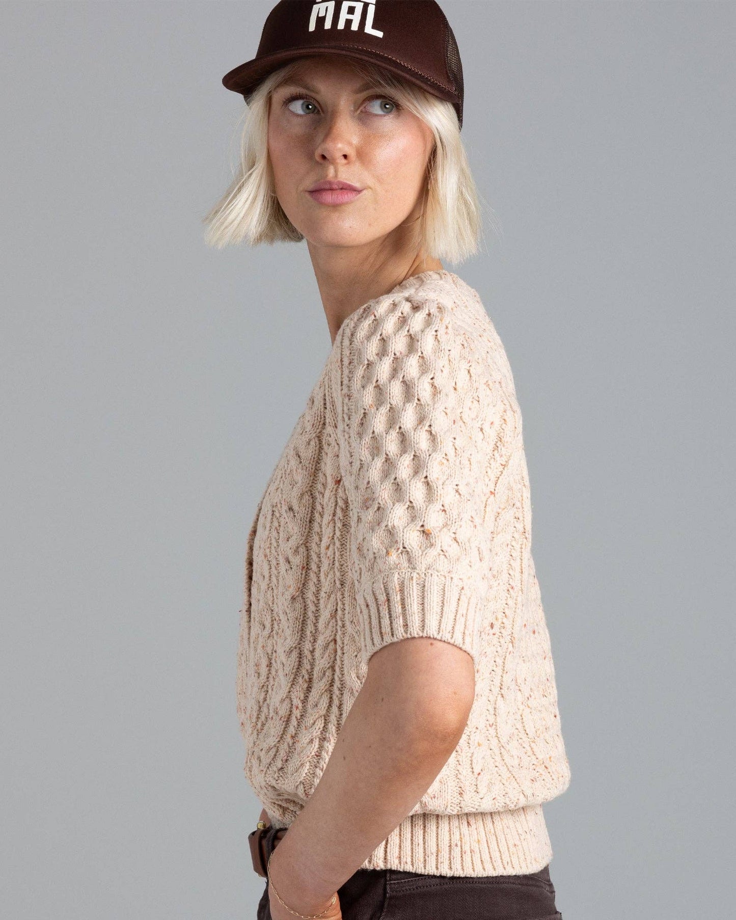 Tan Speckled Short Sleeve Cardigan Sweater