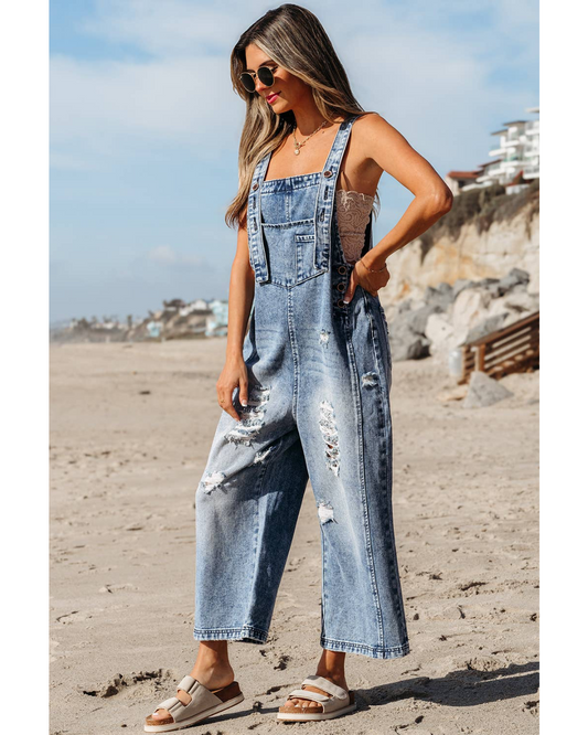 Distressed Bib Pocket Wide Leg Denim Overall