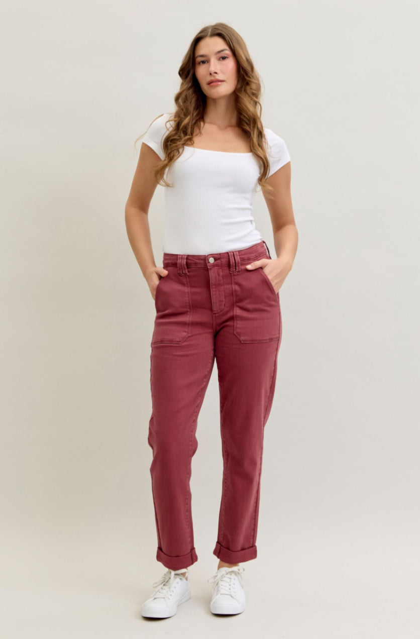 High Waist | Aurora Weekender | Burgundy Cuffed Jeans