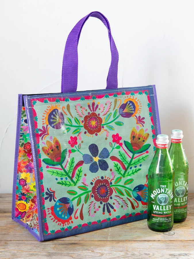 Insulated Cooler Tote | Dusty Blue Folk Flowers
