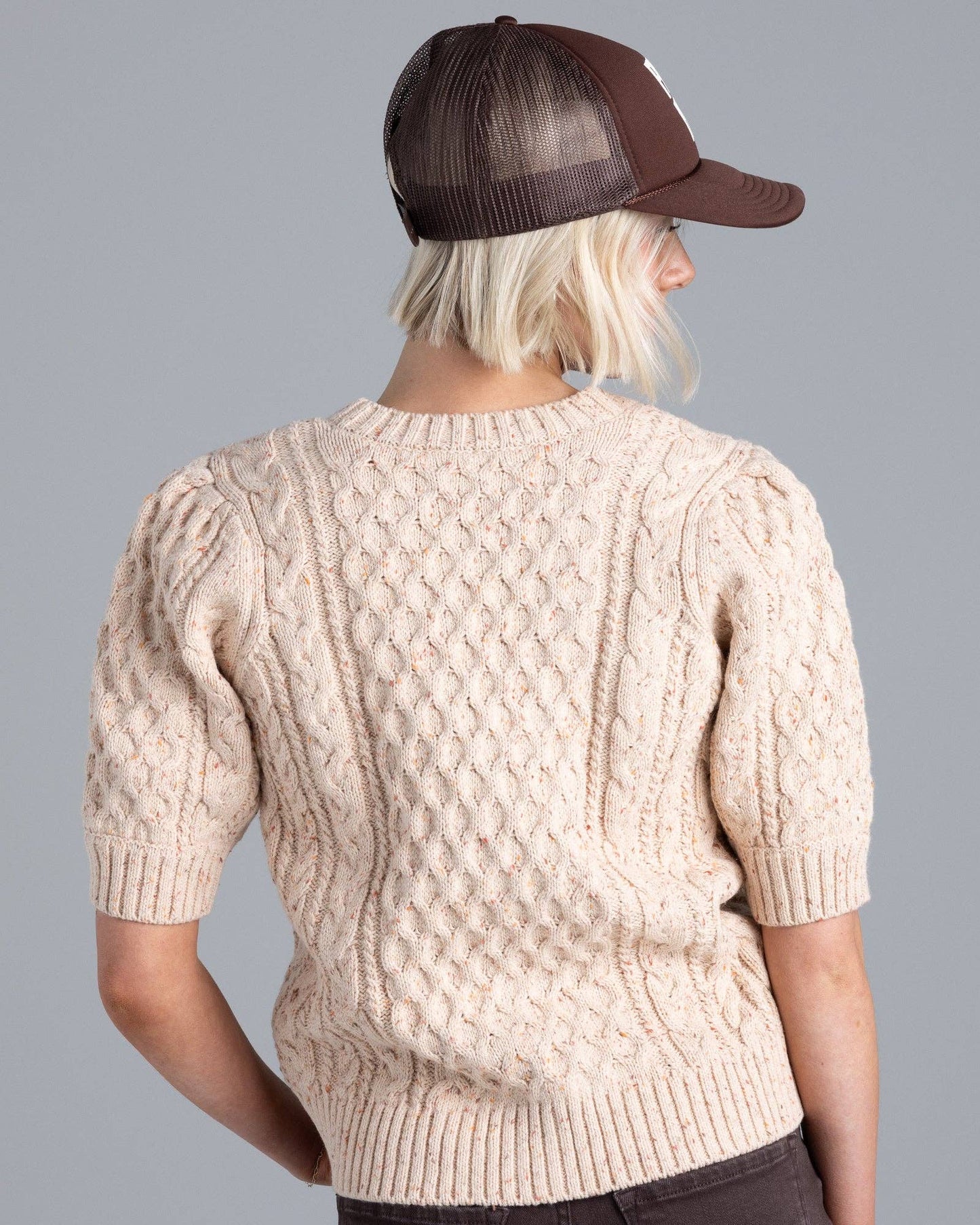 Tan Speckled Short Sleeve Cardigan Sweater