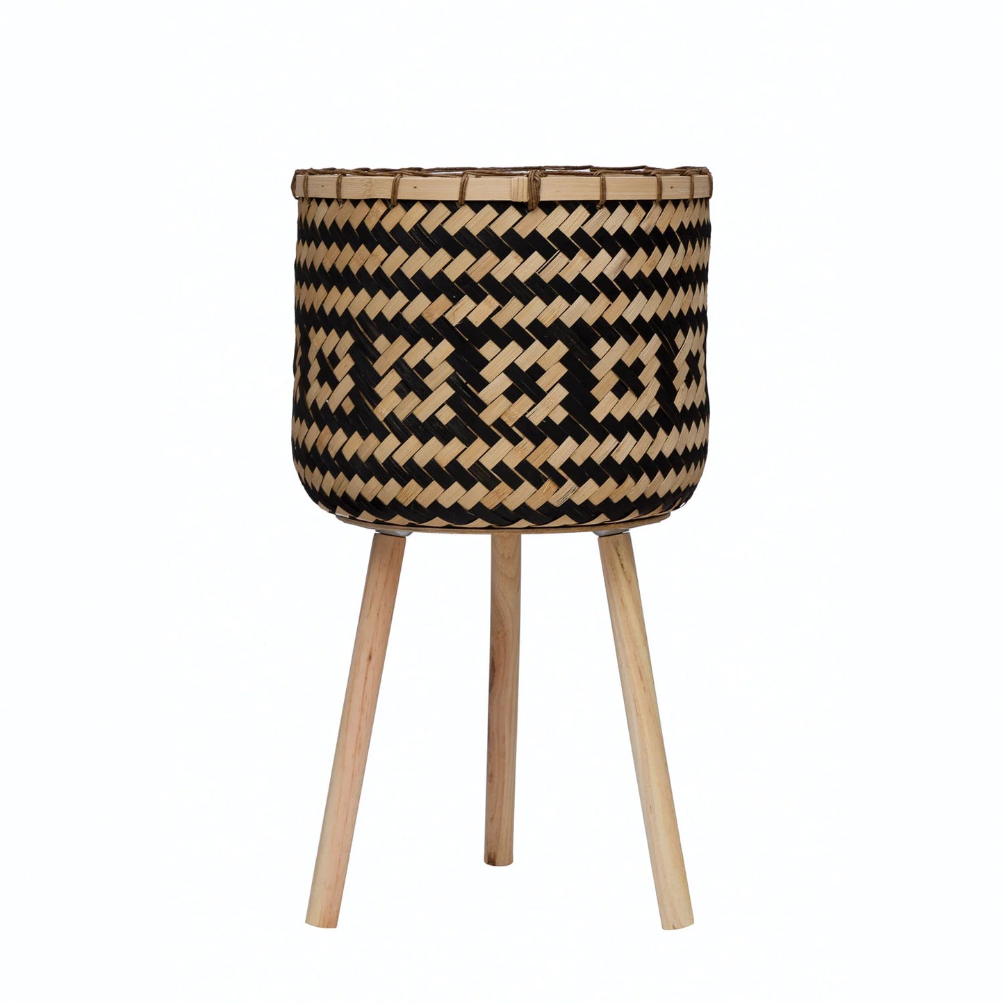 Hand-Woven Bamboo Basket with Wood Legs and Pattern