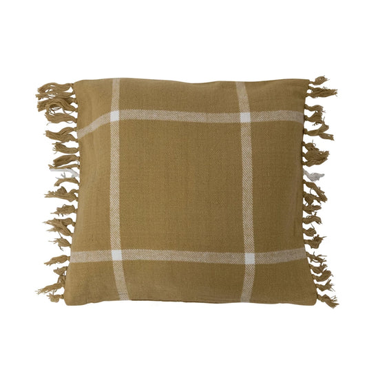 18" Cotton Flannel Plaid Pillow w/ Fringe, Polyester Fill