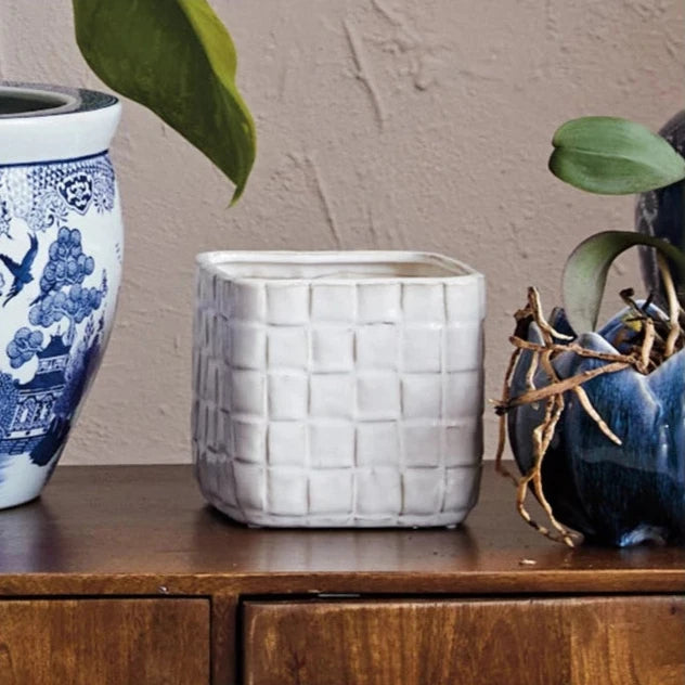 white woven planter Stoneware Planter with Woven Pattern
