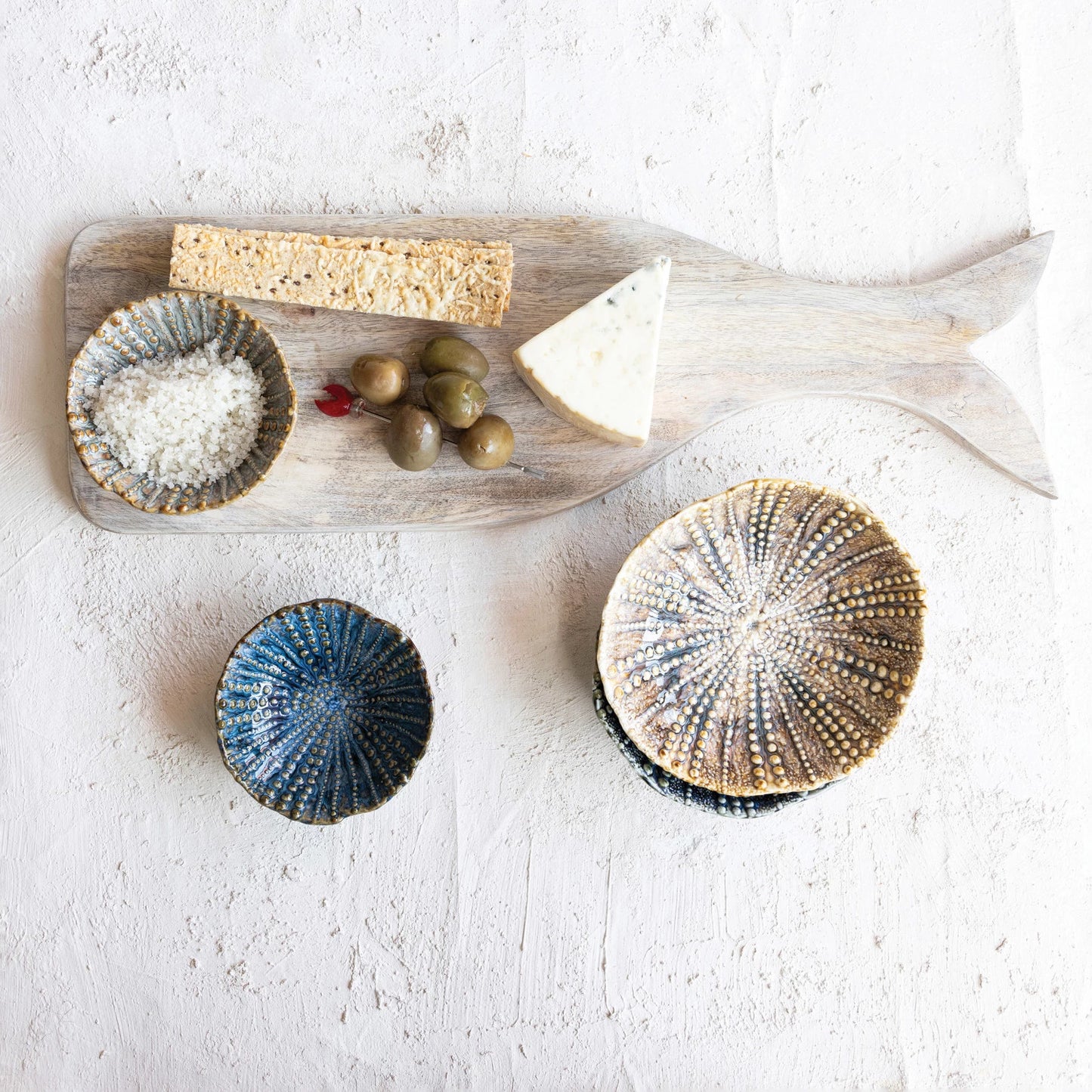 Embossed Stoneware Footed Dish