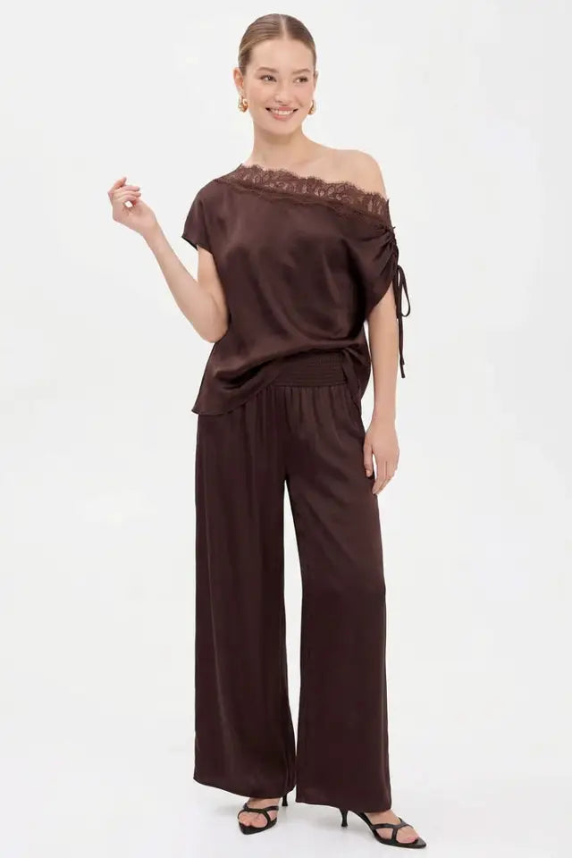 Smocked Waist Wide Leg Pant | Chocolate