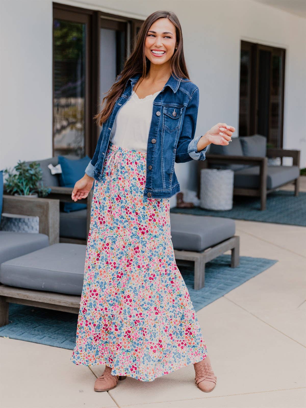 Floral maxi skirt denim shirt best sale