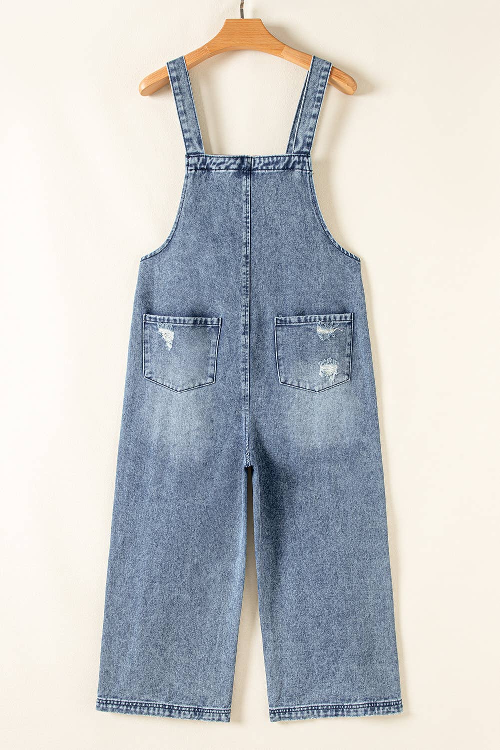 Distressed Bib Pocket Wide Leg Denim Overall