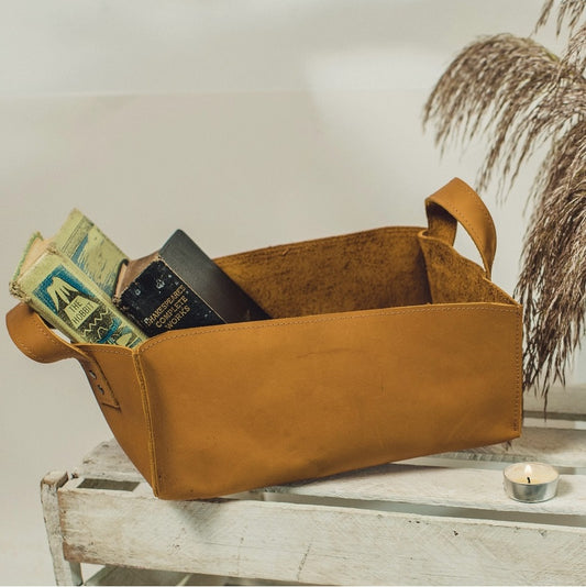 Leather Storage Bins In Camel - Medium