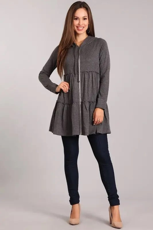 Tiered Hooded Zip Up Sweater Dress | Charcoal