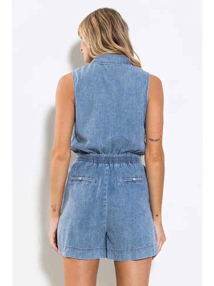 Denim Button Up Sleeveless Romper
