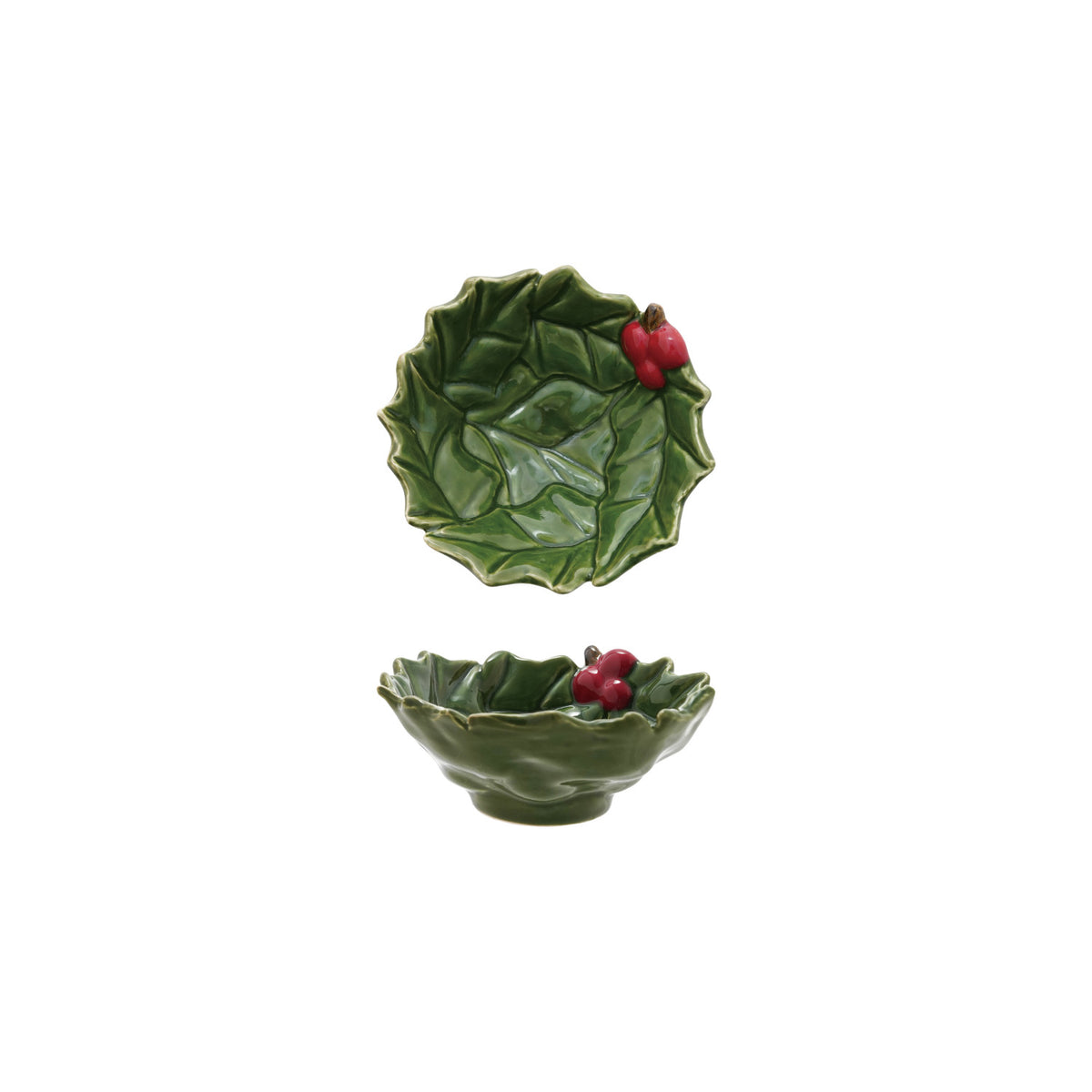 Hand-Painted Holly Leaves Shaped Bowl w/ Berries