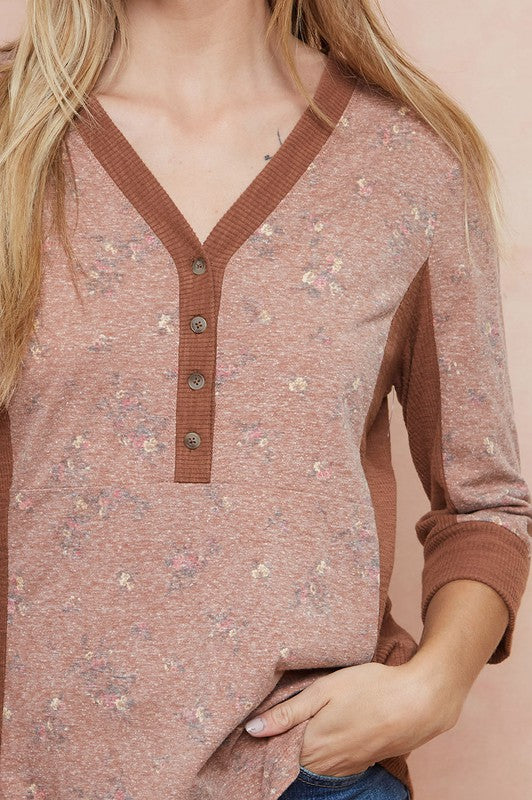 Rustic Brown Floral Henley Knit Top