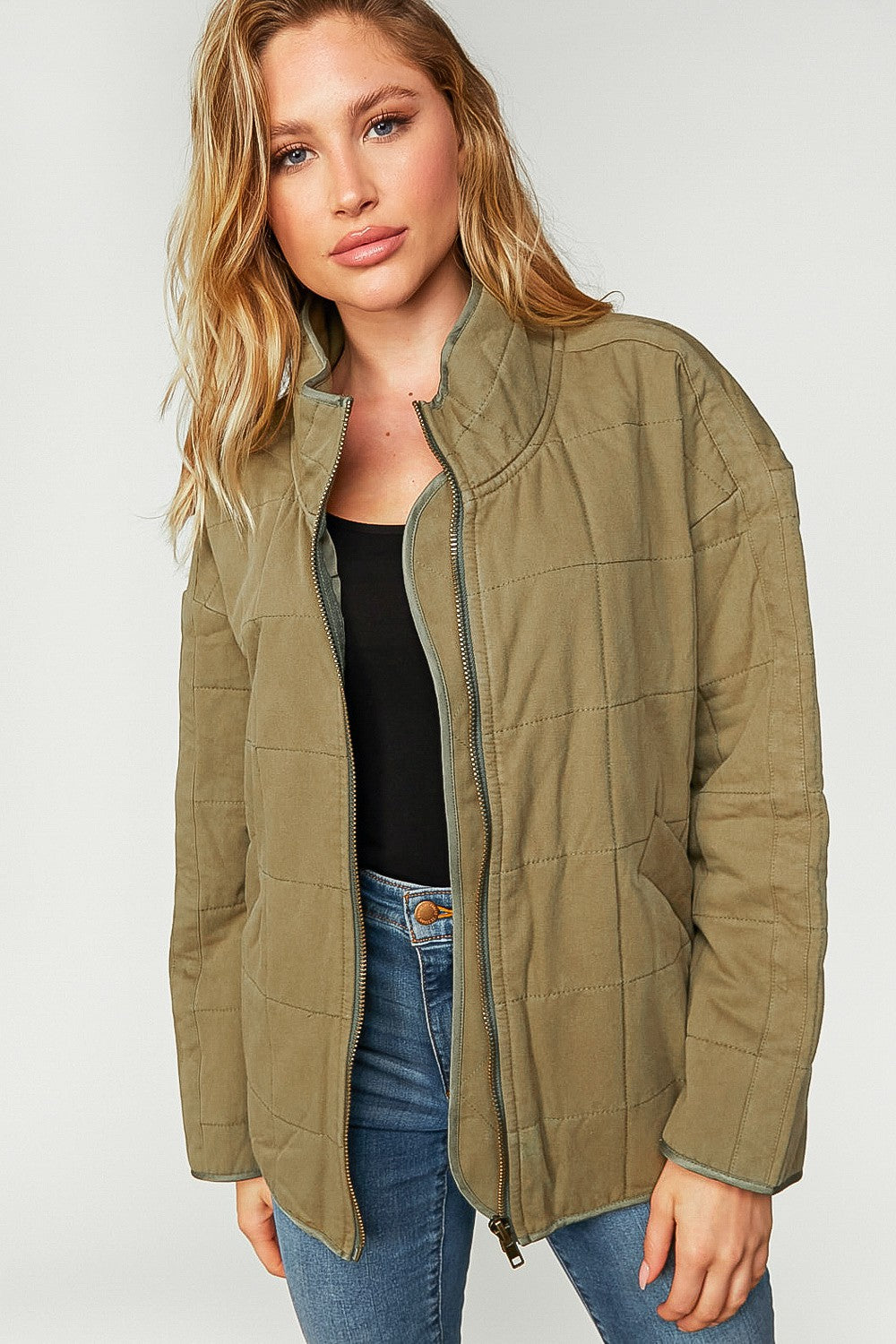 Olive Washed Quilted Funnel Zip Front Jacket