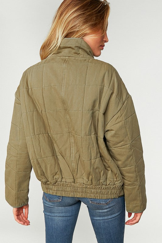 Olive Washed Quilted Funnel Zip Front Jacket