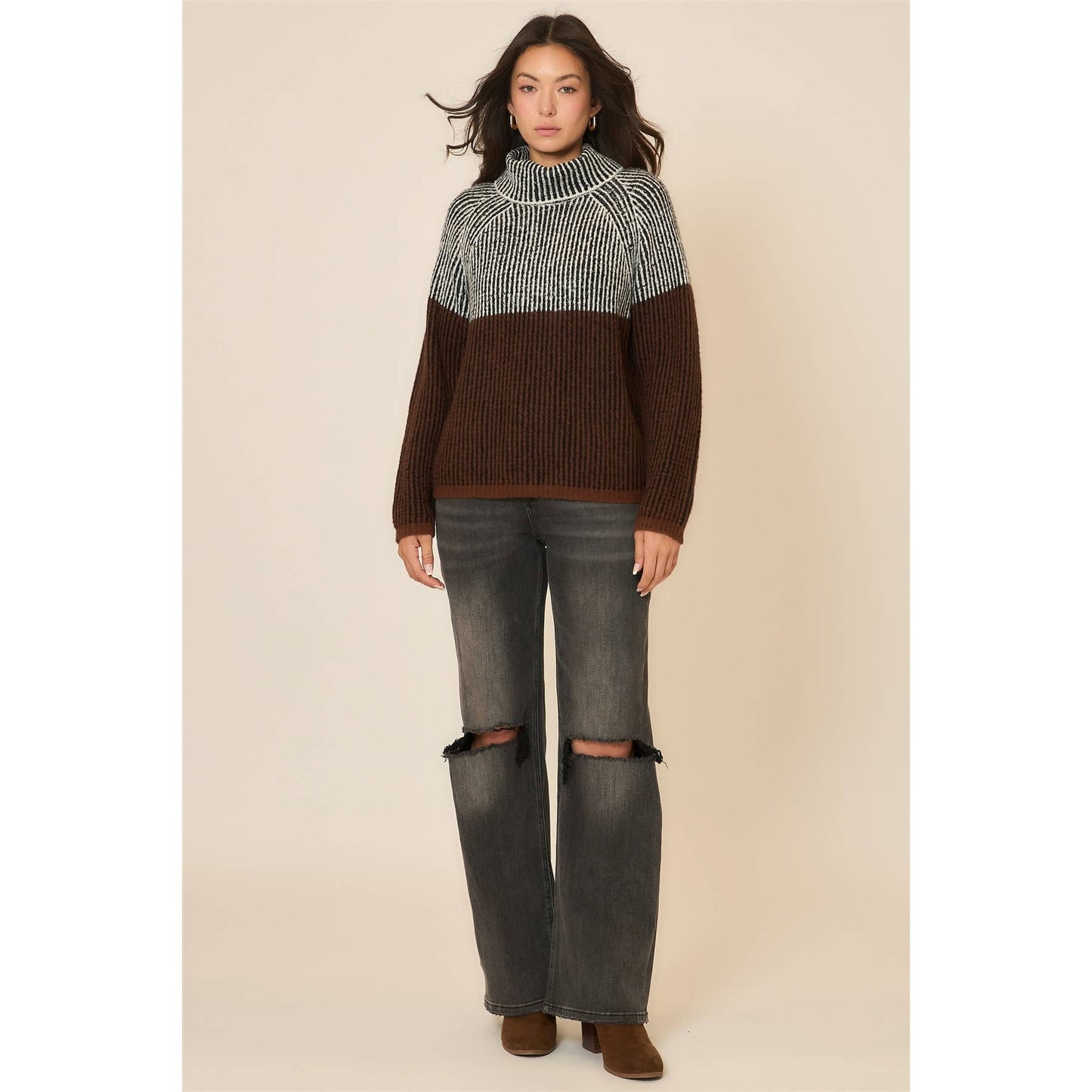 Brushed Rib Knit Cowl Neck Sweater