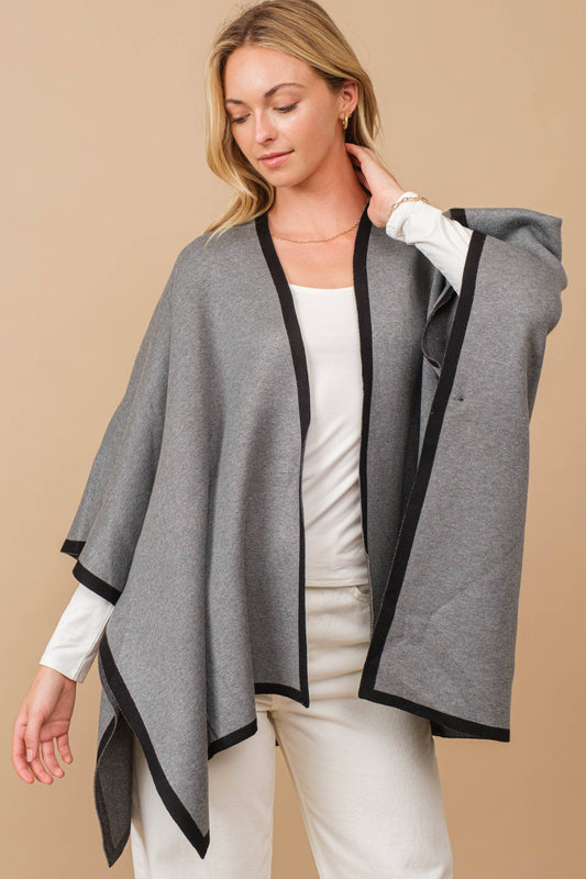 Heavy Knit Contrast Hem Blanket Poncho