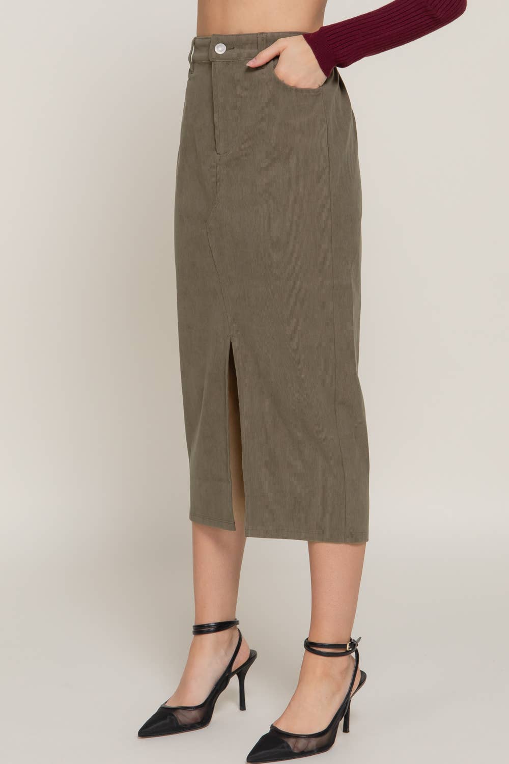 Slit Corduroy Midi Skirt | Olive