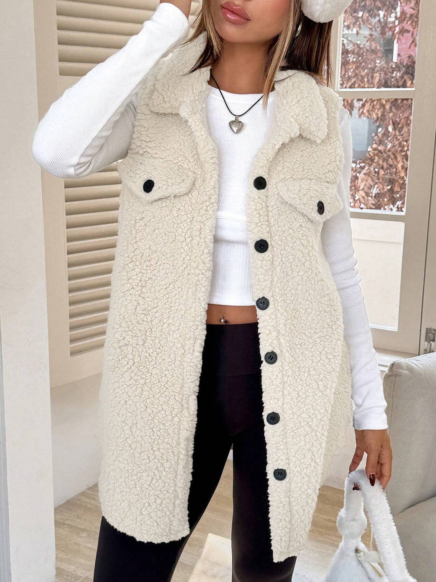 Flip Collar Button Up Plush Vest Jacket