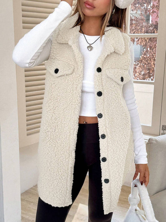 Flip Collar Button Up Plush Vest Jacket