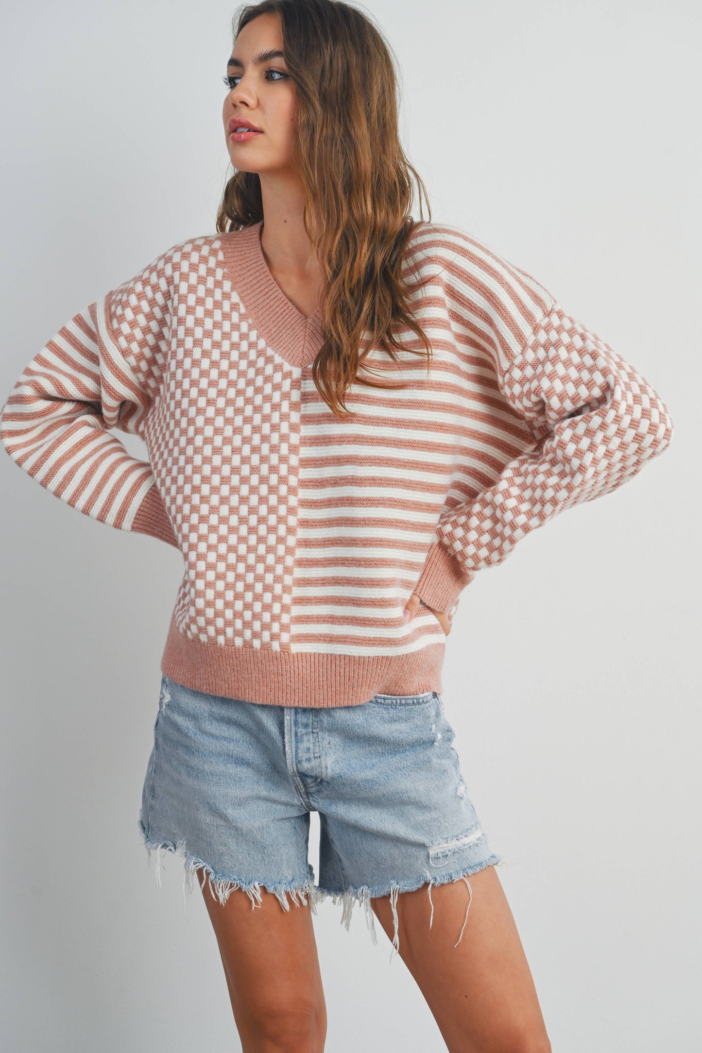 Frenchy Checker Drop Shoulder Sweater